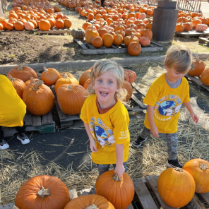 child holding a pumpkin